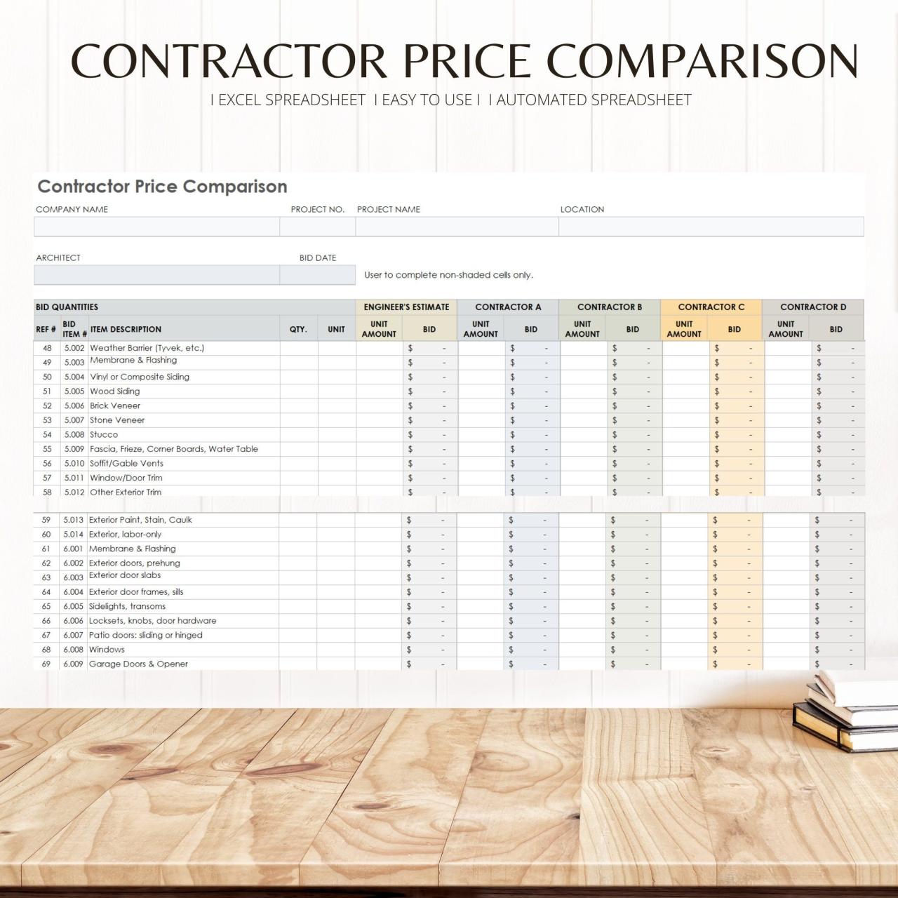 Detailed contractor price comparison excel template construction vendor ...